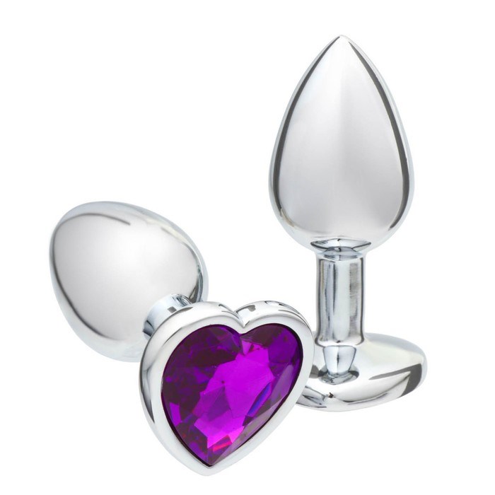 Анальная пробка Оки-Чпоки, серебряная, кристалл фиолетовый, в форме сердца, D = 28 мм - фото 53436